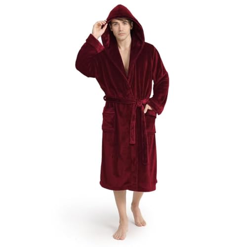 Yurhap Luxury Mens Robe with Hood, Ultra Cozy Fleece Bathrobe for Men, Plush Hooded Robe with Belt & 2 Pockets