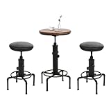 Mendler Juego de mesa de bar + 2 taburetes de bar HWC-N23, mesa alta regulable y giratoria, hierro industrial, madera, piel sintética, color negro