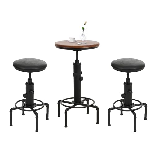 Mendler Juego de mesa de bar + 2 taburetes de bar HWC-N23, mesa alta regulable y giratoria, hierro industrial, madera, piel sintética, color negro