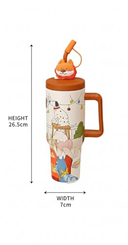 Image of Insulated Tumbler Large Travel Mug Sipper with Handle and Straw, Dog Adventure Print Design, Spill-Proof Lid with Silicone Animal Stopper, Reusable Straw, 1200ML - Pack of 1