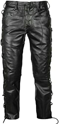 Real Men's Cowhide Leather Pants Side Laced Up Bikers Jeans.