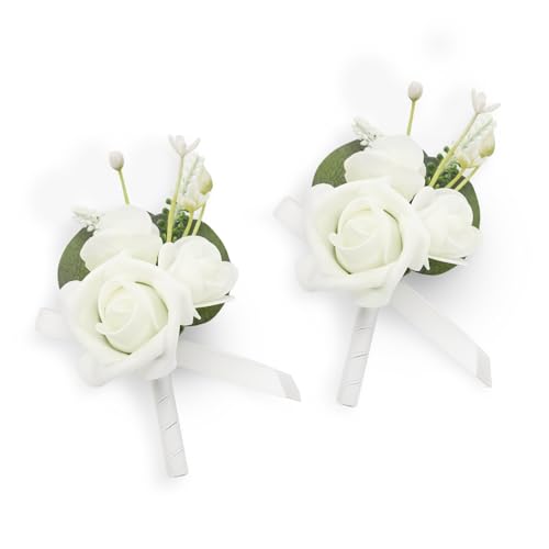 TINGE TIME White Boutonniere for Men Wedding, Set of 2, Groom Groomsmen Boutineers Decor for Wedding Ceremony Anniversary, Formal Dinner Homecoming and Rustic Vintage Wedding