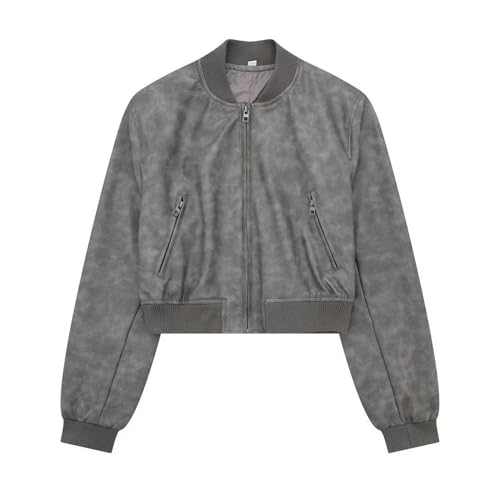Veste moto femme en faux leather jacket gris à col montant taille L