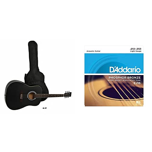 Navarra Nv31 - Guitarra Acústica Con Bolsillo, Color Negro + D'Addario Ej16 - Juego De Cuerdas Para Guitarra Acústica De Fósforo/Bronce, 012' - 053, Naranja
