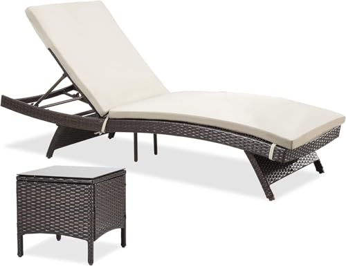 Image of Outdoor Poolside Lounger with Adjustable Backrest Sun Chaise Recliner for Terrace Garden Poolside for Relaxation Durable and Stylish- (Brown & Beige) 2 Lounger+Side Table