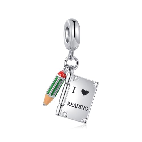 XHBYINFO Abalorio de libro de lectura y lápiz verde compatible con pulseras Pandora para mujer, joyería de regalo