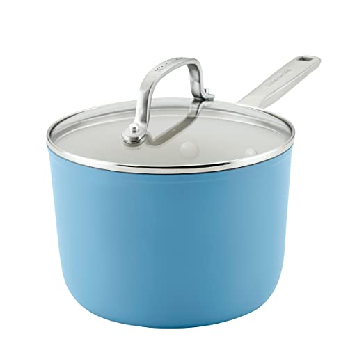 Image of KitchenAid Hard Anodized Ceramic Nonstick Cookware Sauce Pan with Lid, 3 Quart - Blue Velvet