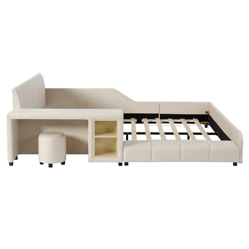 CJLMN Velvet Upholstered Grounded Platform Bed, Wooden Queen Size Mother & Child Bed Frame with Bedside Desk and Little Round Stool, Kids Adults Bedroom Furniture Floor Bed Platform Bed (Beige)