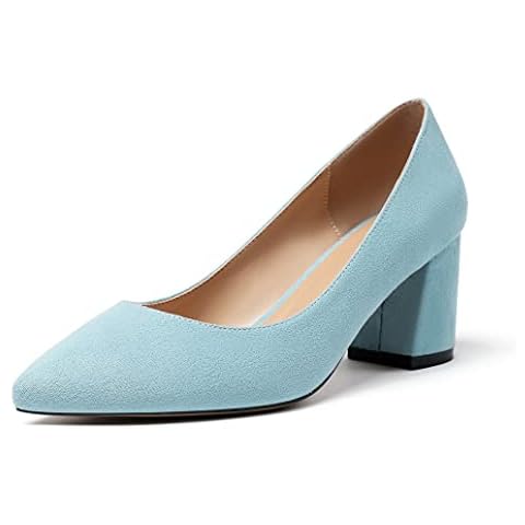 Mettesally Women's Mid Block Heel Pumps Lovely Sky Blue Closed Pointed Toe Slip On Casual Dress Office Lights Blue Suede UK6 Cover
