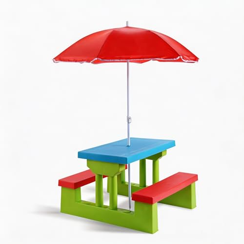 GYMAX Conjunto de Asientos Infantiles con Sombrilla, Muebles de Jardín para Niños, Incluye Mesa y Bancos, de Plástico, con Esquinas Redondeadas, para Interior y Exterior