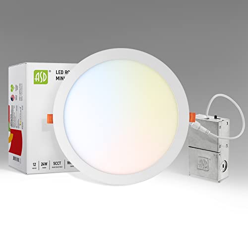 Asd 12 Inch Led Recessed Light, 5 Cct 2700K-5000K Selectable, 24W 90W Eqv, Dimmable Ultra-Thin Canless Round Ceiling Wafer Downlight With Junction Box, 2169Lm High Brightness - Ul Energy Star #TOP11