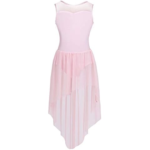 iEFiEL Mädchen Ärmellos Ballettkleid mit Schlitz Tüll Mesh Rock Lyrischer Tanzkleid Standard Ballsaal Walzer Tango Ballett Trikot Kleid Rosa 140 Cover