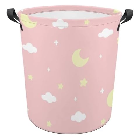TsyTma Pink Cartoon Moon Star Collapsible Laundry Baskets Laundry Hamper Clothes Hamper with Handles Round Toy Storage for Kid's Room Office Hamper Bedroom Decor Cover