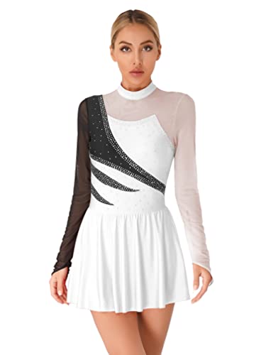 Jugaoge Damen Eiskunstlauf Kleider Langarm Kürkleid Glitzer Tanzkleider Mesh Spleiß Gymnastikanzug Turnanzug mit Tutu Röckchen Weiß L