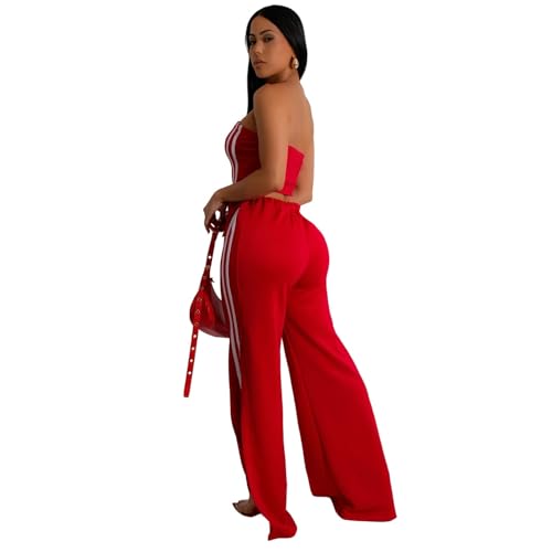 Women's Fashion 2 Piece Going Out Outfits Sexy Bodycon Tube Crop Top Drawstring Wide Leg Flared Long Pants Set2