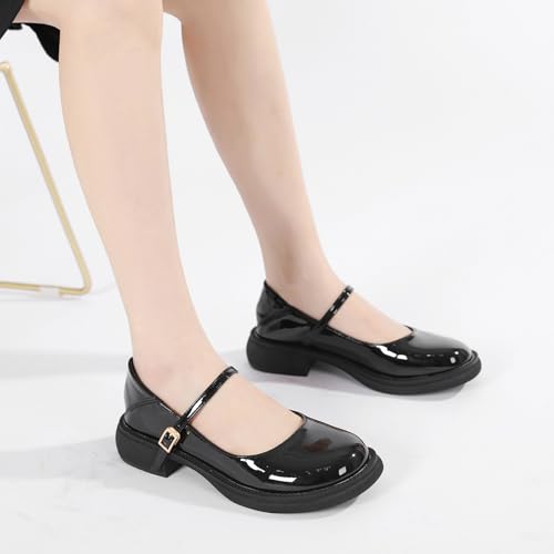 Women's Patent Leather Mary Janes Comfort Round Toe Adjustable Ankle Strap Anti-Slip Platform Low Heel Chunky Pumps Oxford Dress Shoes Suitable for School Uniform Busine3