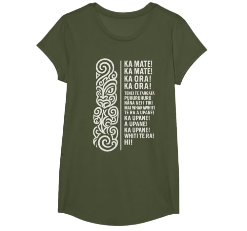New Zealand Maori Haka Ka Mate Song Rugby T-Shirt, Girls, Olive Green, Large