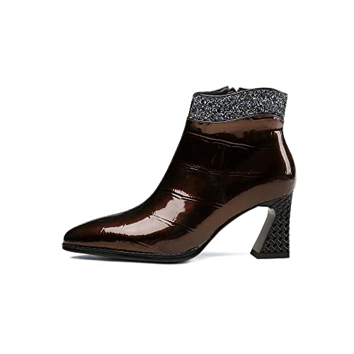 TinaCus Handmade Women's Patent Leather Glittering Plaid Printed Pointed Toe Side Zipper Mid Block Heel Ankle Boots Shoes2