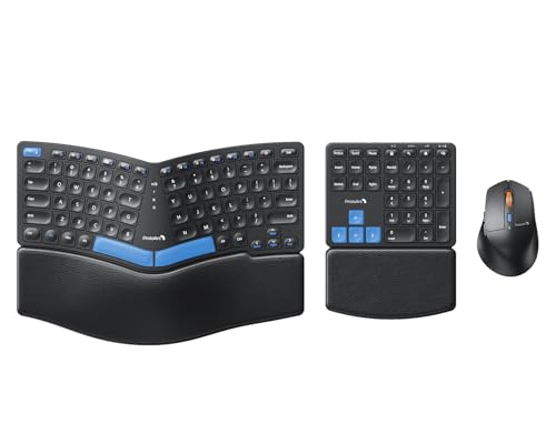 ProtoArc Ergonomic Keyboard Mouse, EKM04 2.4GHz Wireless Ergo Keyboard Mouse Combo, Separate Numeric Keypad, Split Design, Wrist Rest, Rechargeable, for Desktop, PC, Laptop, Windows - Blue Space Key