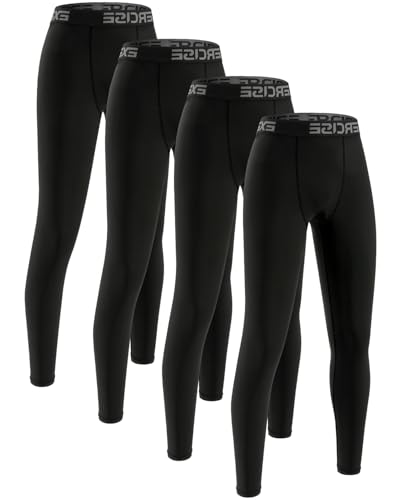 ATTIQOZI 4 Pack Kompressions Leggings Jungen Lange Unterhosen Kinder Laufhose Sport Leggings Jungen Sportunterwäsche für Fußball, Basketball,Laufen und Fitness 4 Schwarz M