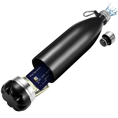 Diversion Safe Water Bottle with Compartment Container and Hanging Buckle Clip - Box for Cash Money Keychain Car Key - Can for Valuables - Stainless Steel Insulated Leak Proof - Black