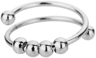 Razered Anxiety Balls Beads Rings for Women Open Adjustable Finger Ring Stainless Steel Rotating Freely Anti Stress Jewelry - silver plated - Resizable