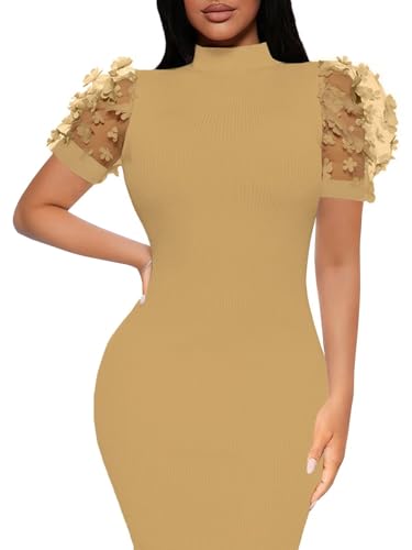 Image of Annystore Bodycon Chunch Dress for Women Summer Puff Lantern Bishop Short Sleeve Dress Mesh Lace Mock Neck Elegant Cocktail Dress Midi Dress Yellow M