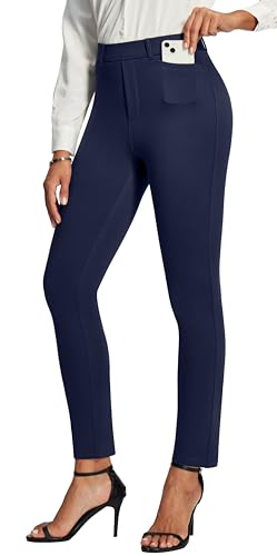 IUGA Stretchy Work Pants Women Pull On Skinny Ponte Dress Pants Slim Fit Office Teacher Business Casual Outfits with Pockets Navy Blue