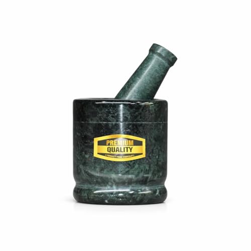 Image of JMH Mortar and Pestle Set Green Marble Khalbatta 4 Inch Flat Design for Kitchen Spice Grinding Manual Masala Crusher Stone Imam Dasta (Dark Green, 4 Inch)