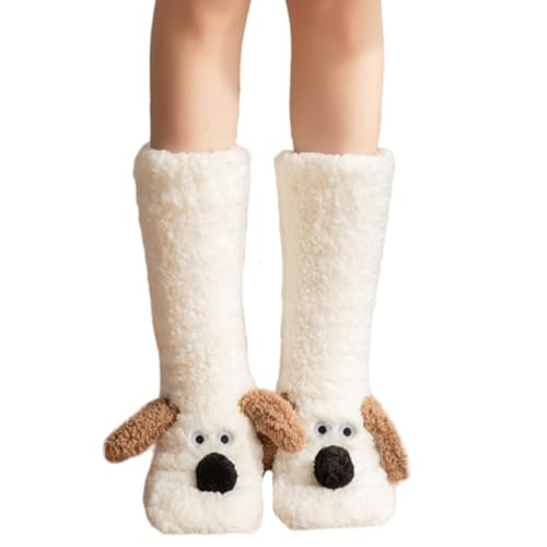 Señoras Orejas de Perro Cachorro Calcetines Dormir Calcetines de Invierno Inicio Calcetines de Maternidad Calentadores de Piernas Zapatillas Calcetines con No Malos Grippers Suave Polar, blanco
