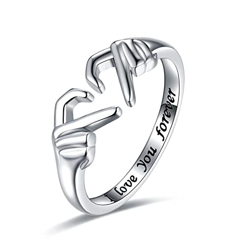 Valink Anillos románticos de dedo de mano con corazón 'I Love You-Forever tallados Anillos de letras femeninos para hombres y mujeres, joyería elegante regalo de plata
