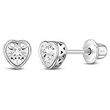 In Season Jewelry CZ Birthstone Heart Kids Earrings - 925 Sterling Silver Hypoallergenic for Girls with Secure Screw Backs - Safe & Comfortable for Toddlers, Kids & Little Girls - Clear