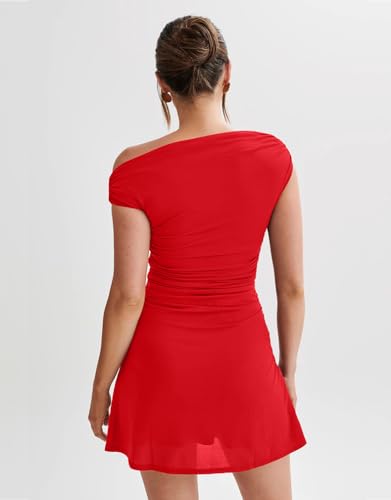 Image of LAGSHIAN Womens Off Shoulder Sleeveless Ruched Flare Mini Dress | Sexy,Summer,Slim Fit,Stretch,Trendy,Double Layer,A-line,Cocktail Party,Club,Night Out,Date,Asymmetrical Shoulder