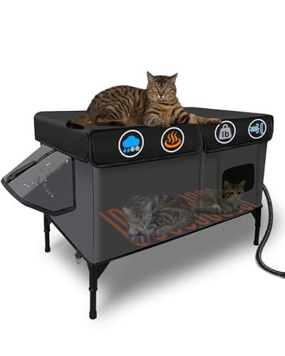 Heated Cat House for Outside Insulated in Winter,Fully Waterproof,with Adjustable Awning,Escape Door,Indoor Outdoor Cat Shelter for Feral Stray Barn Cat to Stay Warm&Dry,Black/Gray,Large Size