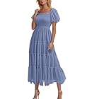 Women's Summer Flowy Maxi Dress Puff Sleeve Smocked Sundress Square Neck Elegant Dress Long Wedding Guest Dresses Tea Party Dress Blue