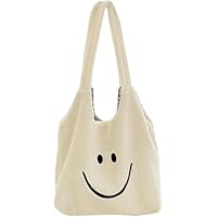 Wasise Preppy Bag - White Smiley Face Cute Uni Bag, Tote Bag, Tote Handbags for School, Preppy Stuff for Teenage Girls, Fluffy, Cute, Aesthetic Stuff, Art Shopping Packet for Shopper, Large Shoulder