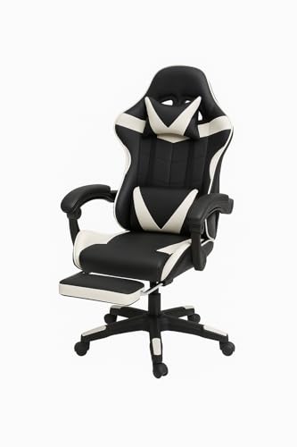 Sedia Gaming Ergonomica con Poggiapiedi Estraibile, Cuscino Lombare e Poggiatesta – Poltrona da Ufficio e Gaming in Ecopelle, Schienale Reclinabile 135°, Altezza Regolabile (Nero/Bianco)