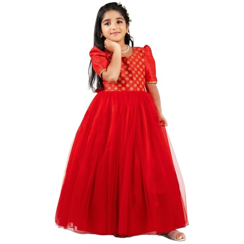 Image of Stanwells Kids Dress for Girls Embroiderd Full Length Frock for Baby Girls Flower Gown Ruffle Pattern Back Zipper Beautiful Sleeveless Birthday Dress for Girls Coral (1-9 Years)