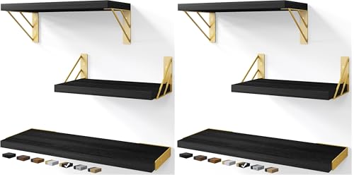 Image of BAYKA Wall Shelves for Bedroom Decor, Floating Shelves for Wall Storage, Wall Mounted Rustic Wood Floating Shelf for Books,Small Wall Shelf for Bathroom,Kitchen,Living Room(Black and Gold，Set of 3