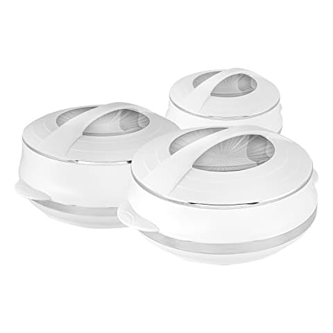 Royalford 3Pc Casserole Hot Pot, Food warmer | Stainless Steel Insulated Thermal Soup Salad Serving Bowl with Lid | Hot Food Storage Container, Keeps Food Warm or Cold | 3.5L 2.5L & 1.6L, White Cover