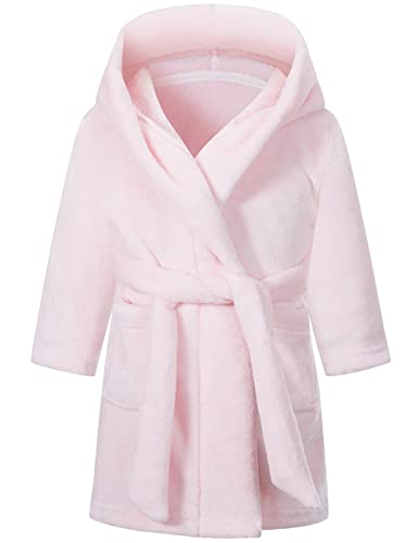 Image of Girls Robe, Kids Soft Flannel Sleepwear Hooded Bathrobes With Belt and Pockets Classic Solid Color, Baby Pink, 4 Years