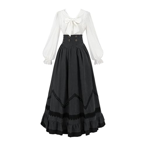 CR ROLECOS Damen Viktorianisches Kleid 1900er Mittelalter Kostüm 2 pcs Set Viktorianisches Bluse Vintage Mittelalter Maxirock Schwarz XXL