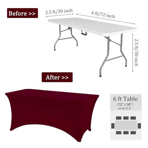 Image of 6 Pack 6FT Spandex Table Covers Washable Wrinkle Resistant Fitted Rectangle Tablecloth for Folding Table Wedding Party Birthday Banquet Bar Events(Burgundy)