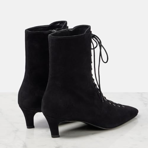 SEIFIN Kitten Heel Boots For Women Suede Lace Up Ankle Boots Square Toe Low Heel Short Booties Comfortable Soft Side Zipper Dressy Fall Winter Booties Shoes4