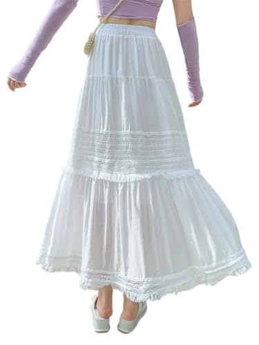 Women High Waisted Lace Patchwork Midi Skirt High Waist Tassel Solid A-Line Pleated Skirts2