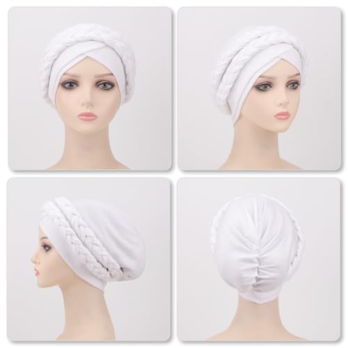 Image of DRESHOW African Women Turban Caps Cotton Beanie Twist Headscarf Pre-Tied Double Twisted Braids Wrap Hat Chemo Cancer Cap