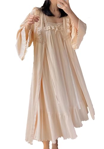 Women's Vintage Nightgown with Robe 2 Pcs Cotton Victorian Sleepwear Sexy Slip Dress Robe Set