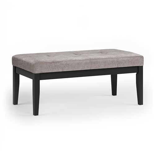 SIMPLIHOME Lacey 41 inch Wide Contemporary Rectangle Tufted Ottoman Bench in Distressed Grey Taupe Vegan Faux Leather, Assembled, For the Living Room and Bedroom