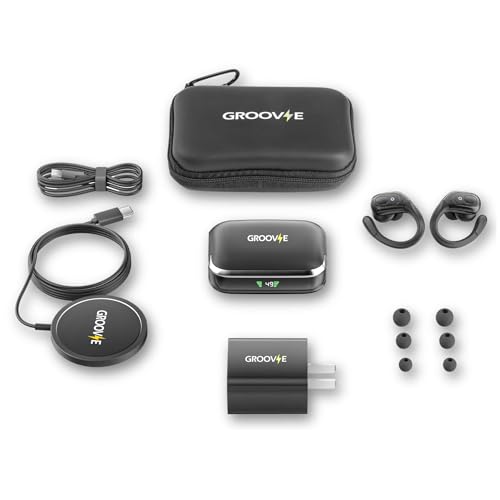 Groove-Electronics-Wireless-Bluetooth-Earbuds-with-Charging-Case-4-in-I-Wireless-Sports-Earbuds-Wireless-Charging-Pad-Quick-Charger-Adapter-Travel-Case-Black