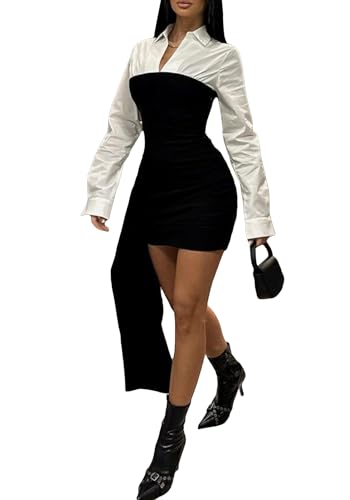 Tbahhir Women's Sexy Bodycon Mini Dress Patchwork Long Sleeve Short Dresses Ruched Business Formal Casual